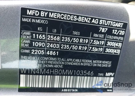 2021 Mercedes-Benz Glb 250 4Matic из США, поврежденный, VIN W1N4M4HB0MW103546